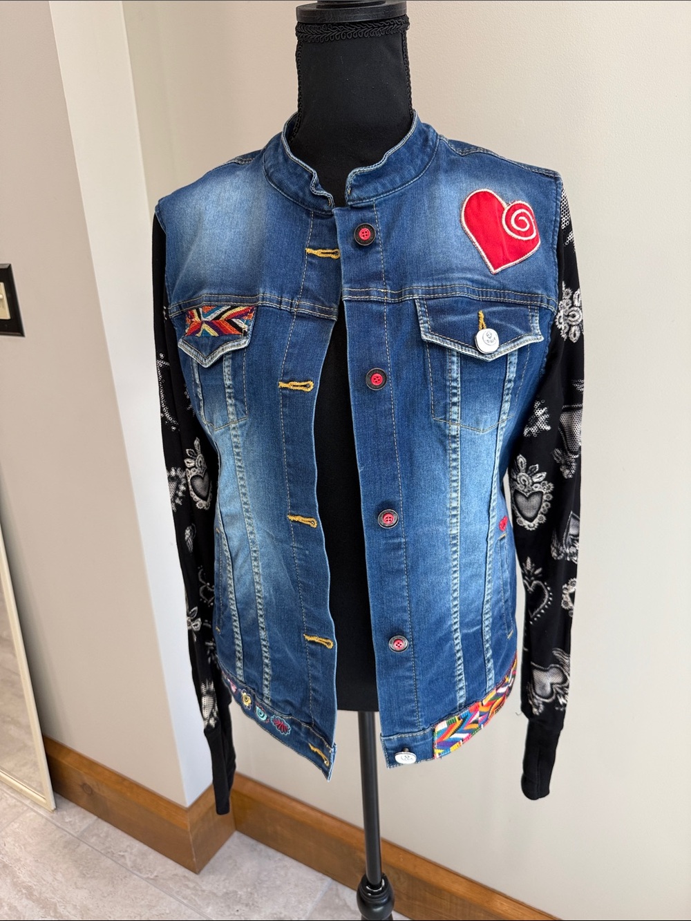 Ay Guey! Embroidered Wearable Art Denim Jacket Mexican Unique Boho SIze M